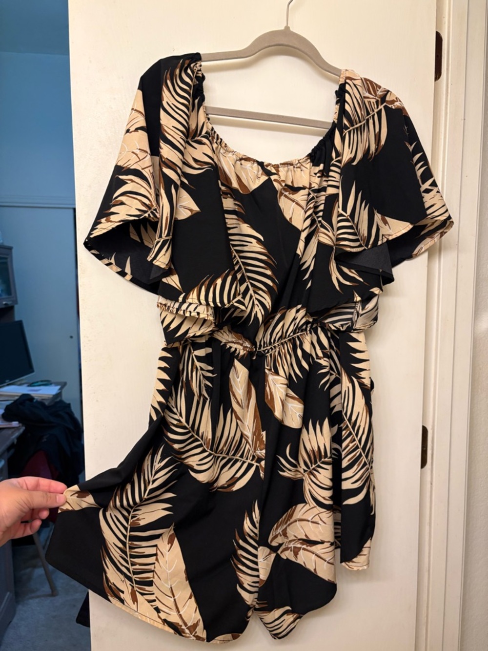 SHEIN Black and Beige Tropical Print Off-Shoulder Romper